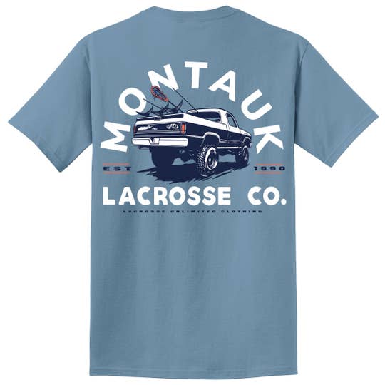 back of shirt, image of truck with fishing pole and lacrosse stick in bed of truck. Says Montauk Lacrosse Co